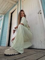 Limonkowy komplet lniany Agatha Fashion Długie spodnie i koszula z krótkim rękawem