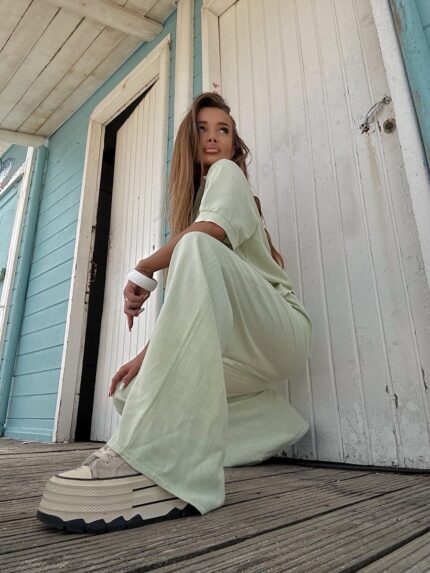 Limonkowy komplet lniany Agatha Fashion Długie spodnie i koszula z krótkim rękawem