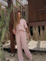 Różowy komplet lniany Agatha Fashion długie spodnie i koszula z krótkim rękawem