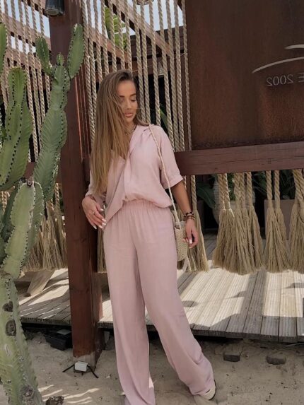 Różowy komplet lniany Agatha Fashion długie spodnie i koszula z krótkim rękawem