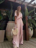 Różowy komplet lniany Agatha Fashion długie spodnie i koszula z krótkim rękawem