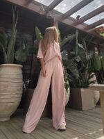 Różowy komplet lniany Agatha Fashion długie spodnie i koszula z krótkim rękawem