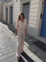 Jasno beżowy komplet lniany Agatha Fashion długie spodnie i koszule z krótkim rękawem