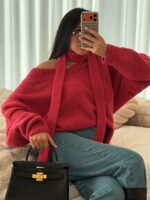 Sweter z szalem LaMilla malinowy